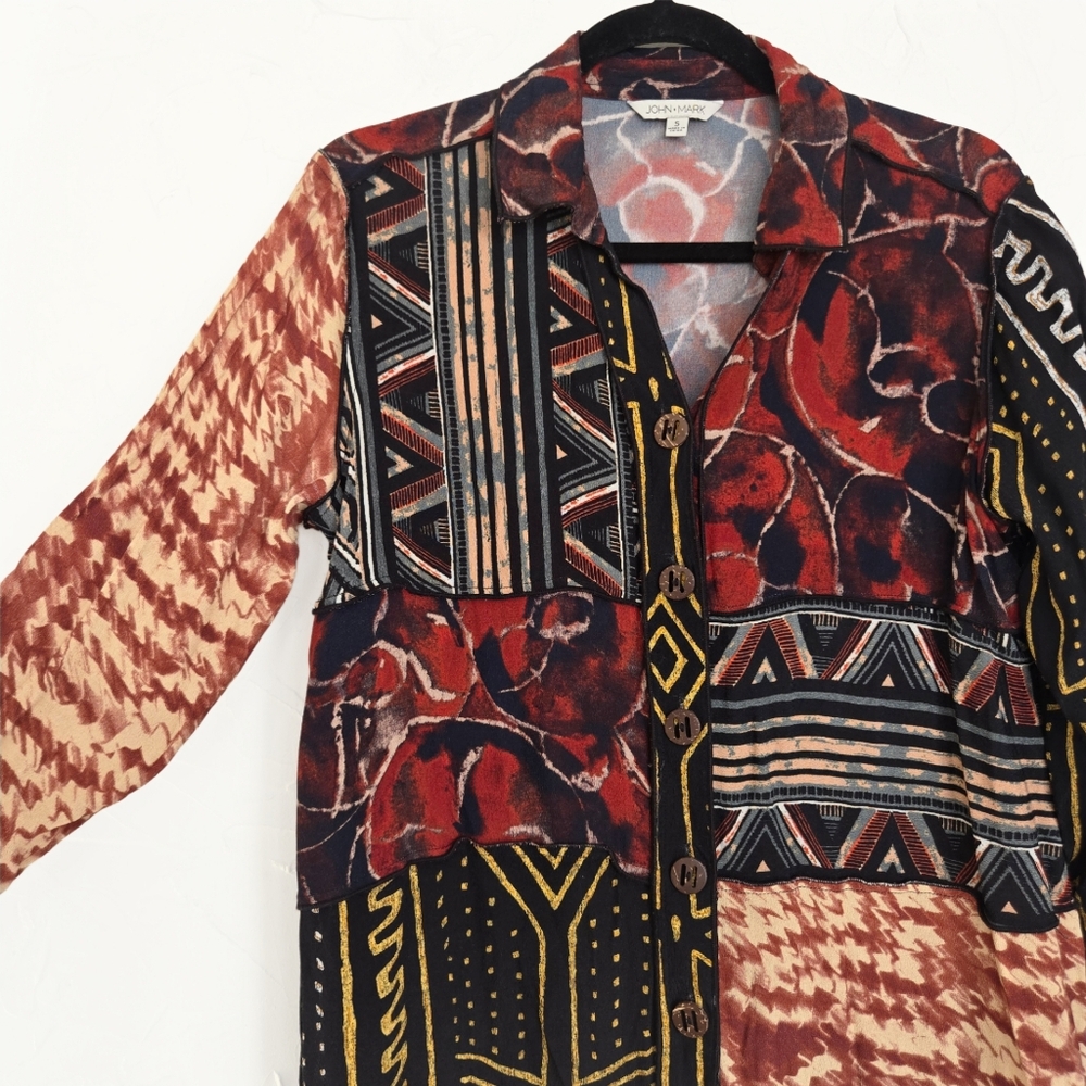 John Mark Patchwork Ethnic Tribal Button Up Top, S - image 10